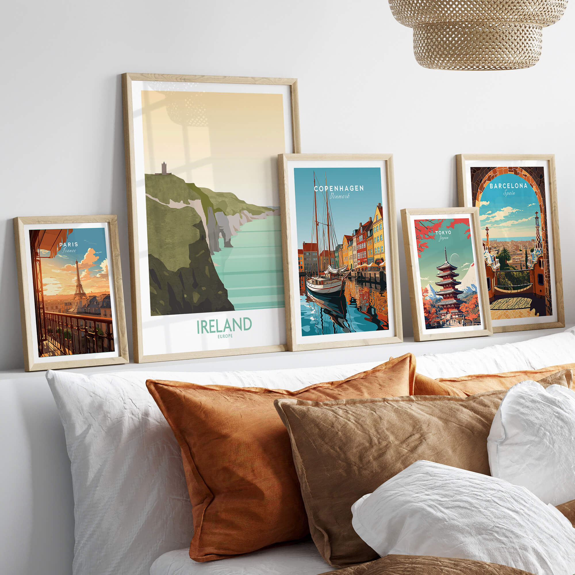 Ireland Print Travel Poster displayed among other vibrant travel posters on a stylish wall, showcasing beautiful travel art.