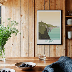 Ireland Print Travel Poster showcasing the Cliffs of Moher in a charming interior setting with plants and decor.