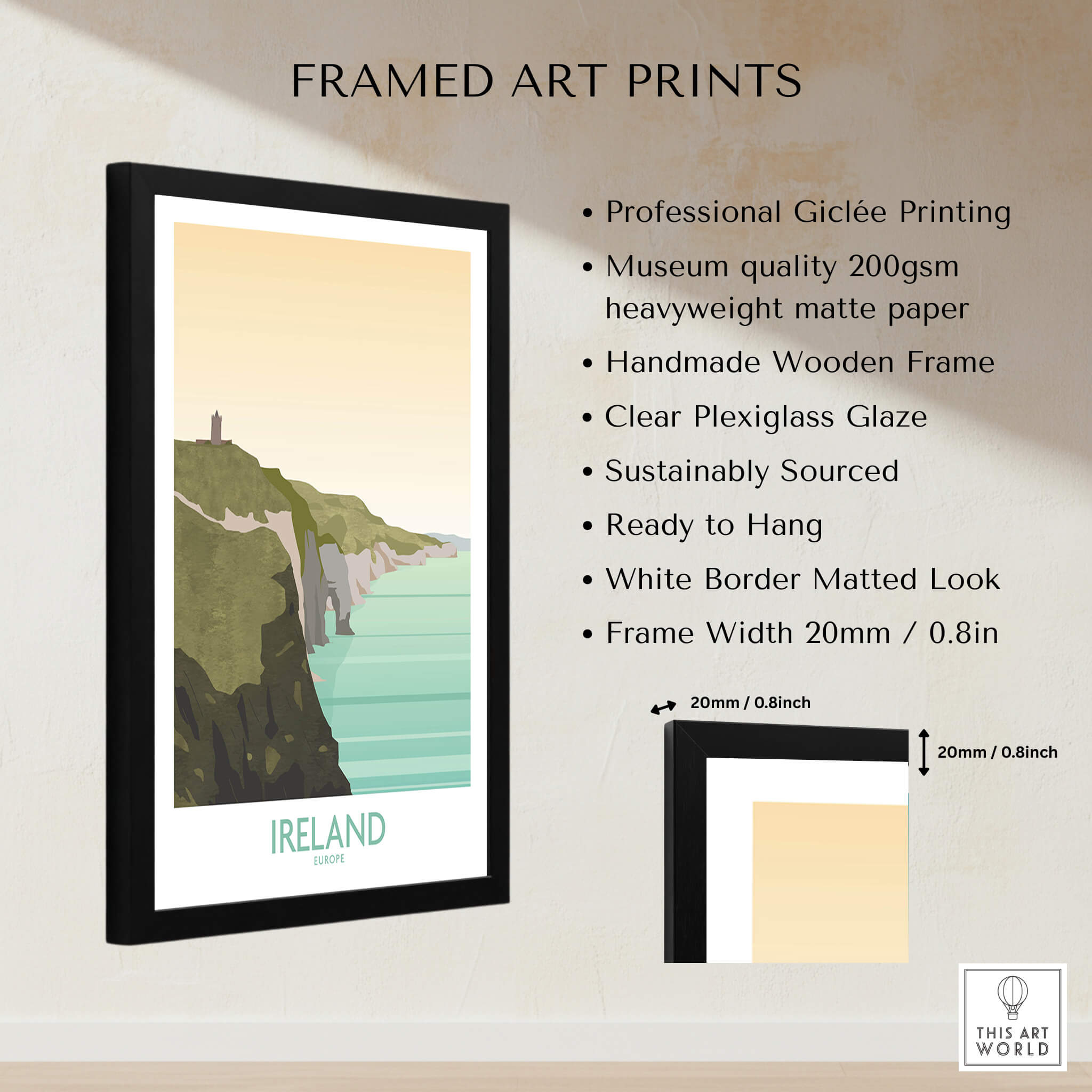Ireland Print Travel Poster featuring Cliffs of Moher in a framed art print, showcasing stunning scenery.