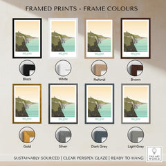 Ireland Print Travel Poster in various frame colors including black, white, natural, brown, gold, silver, dark grey, and light grey.