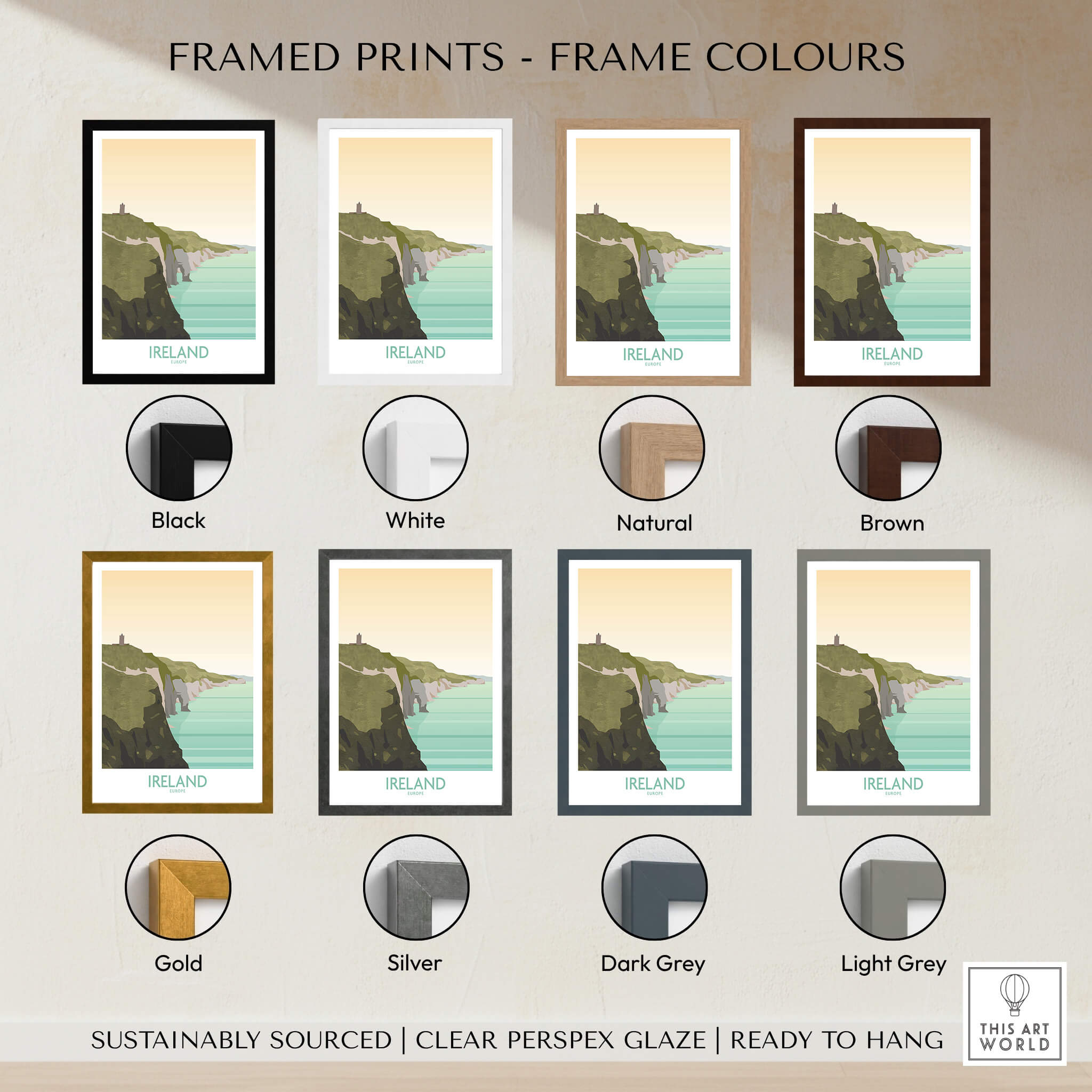 Ireland Print Travel Poster in various frame colors including black, white, natural, brown, gold, silver, dark grey, and light grey.
