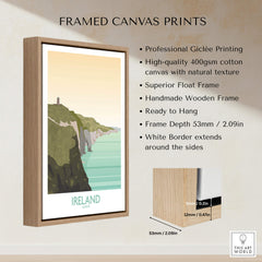 Ireland Print Travel Poster framed canvas print featuring Cliffs of Moher and high-quality giclée printing.