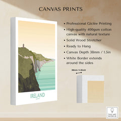 Ireland Print Travel Poster featuring Cliffs of Moher on high-quality canvas print with professional Giclée printing.