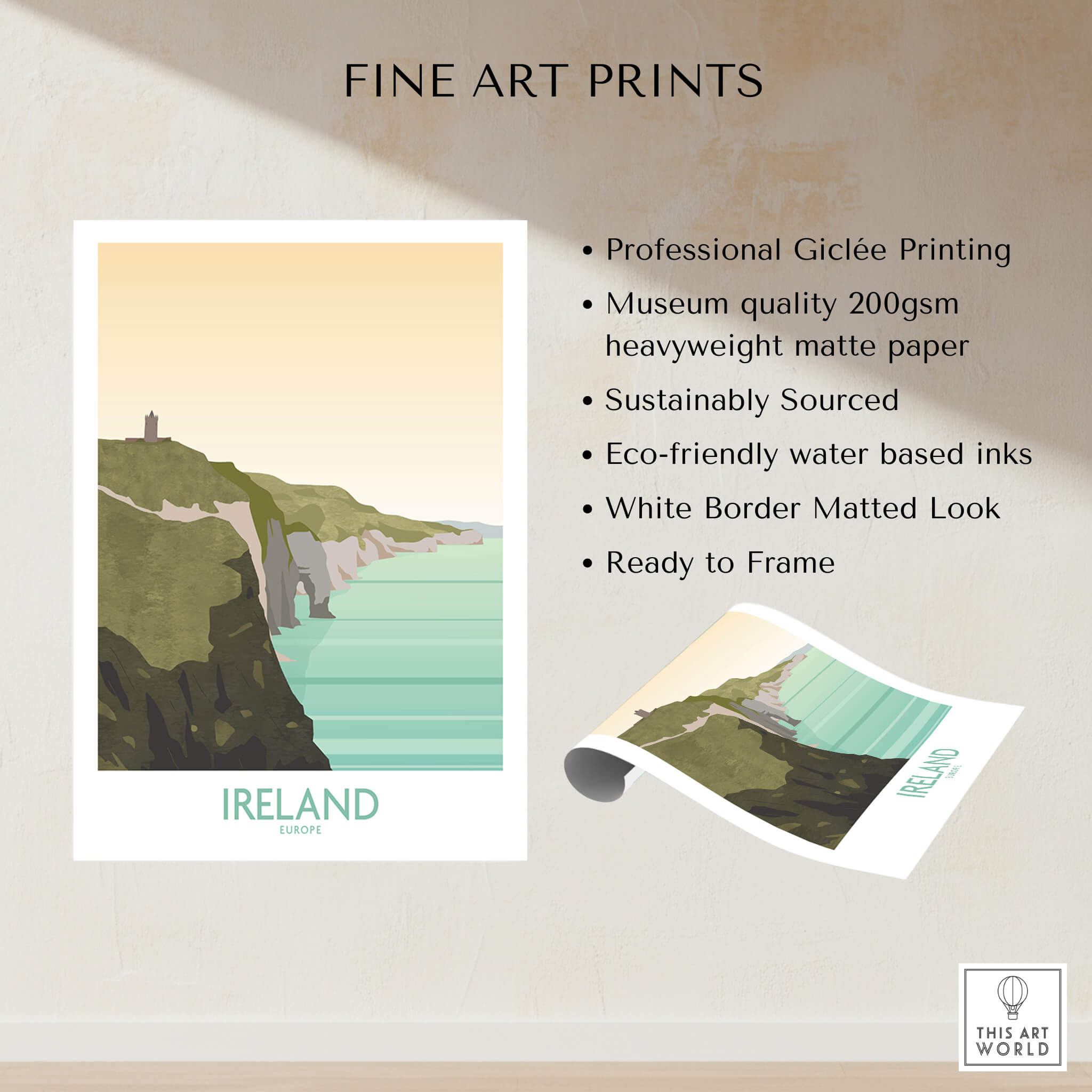 Ireland Print Travel Poster featuring the Cliffs of Moher in a stunning fine art print.