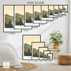 Ireland Print Travel Poster size guide showcasing various frame sizes and design options for wall art.