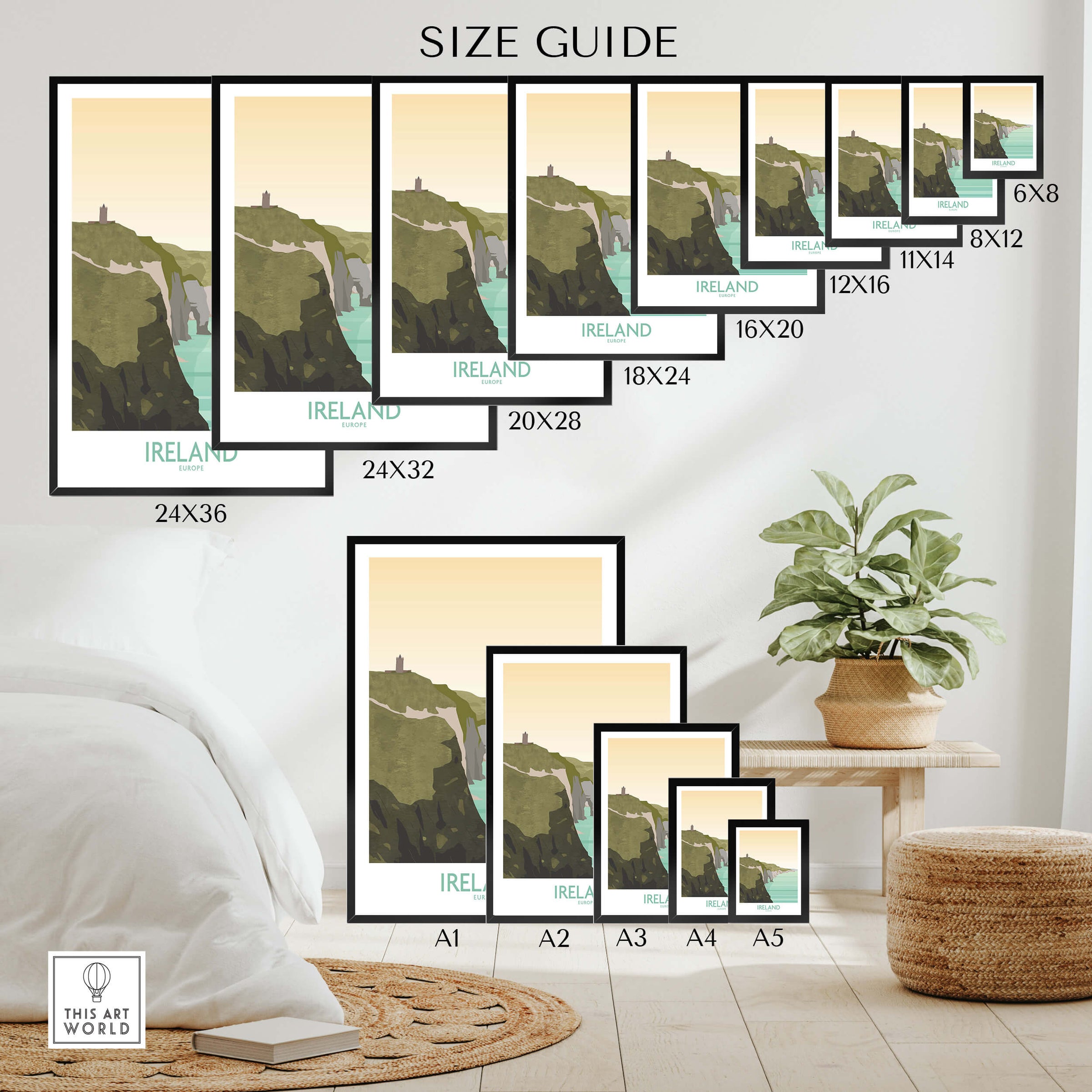 Ireland Print Travel Poster size guide showcasing various frame sizes and design options for wall art.
