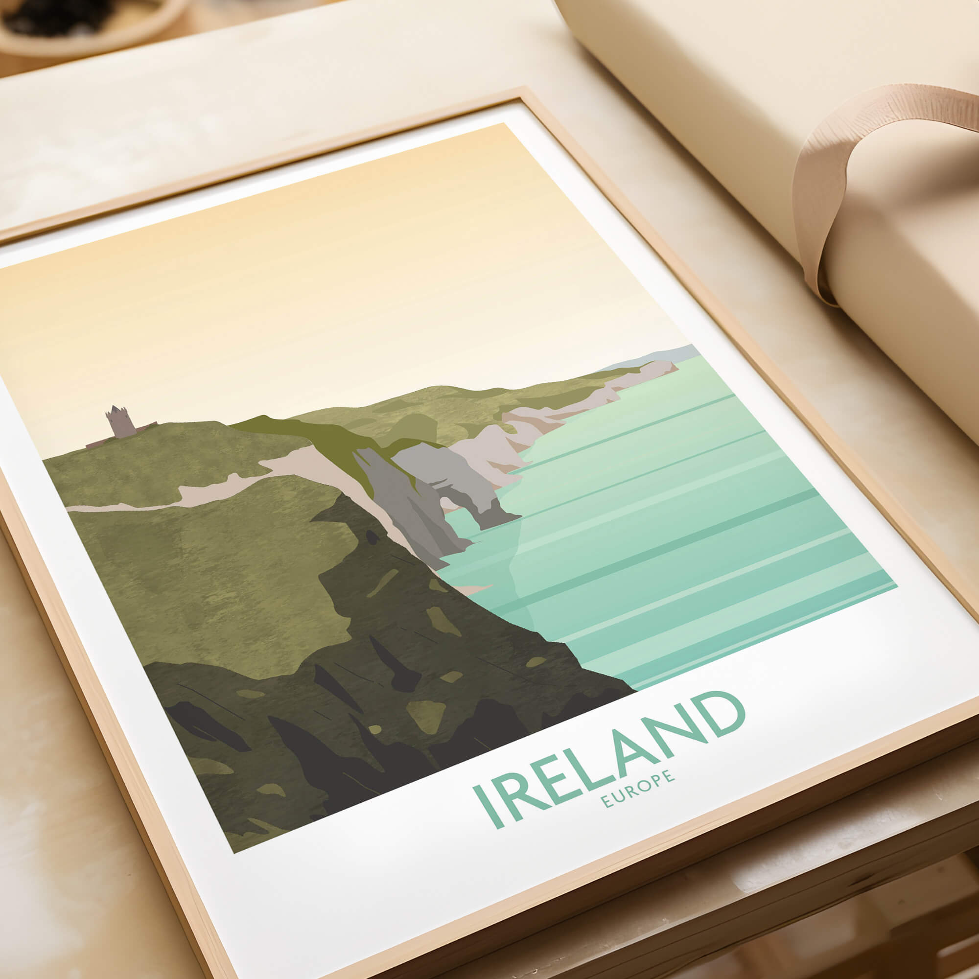 Ireland Print Travel Poster showcasing the Cliffs of Moher in a stylish framed design, perfect for wall art.