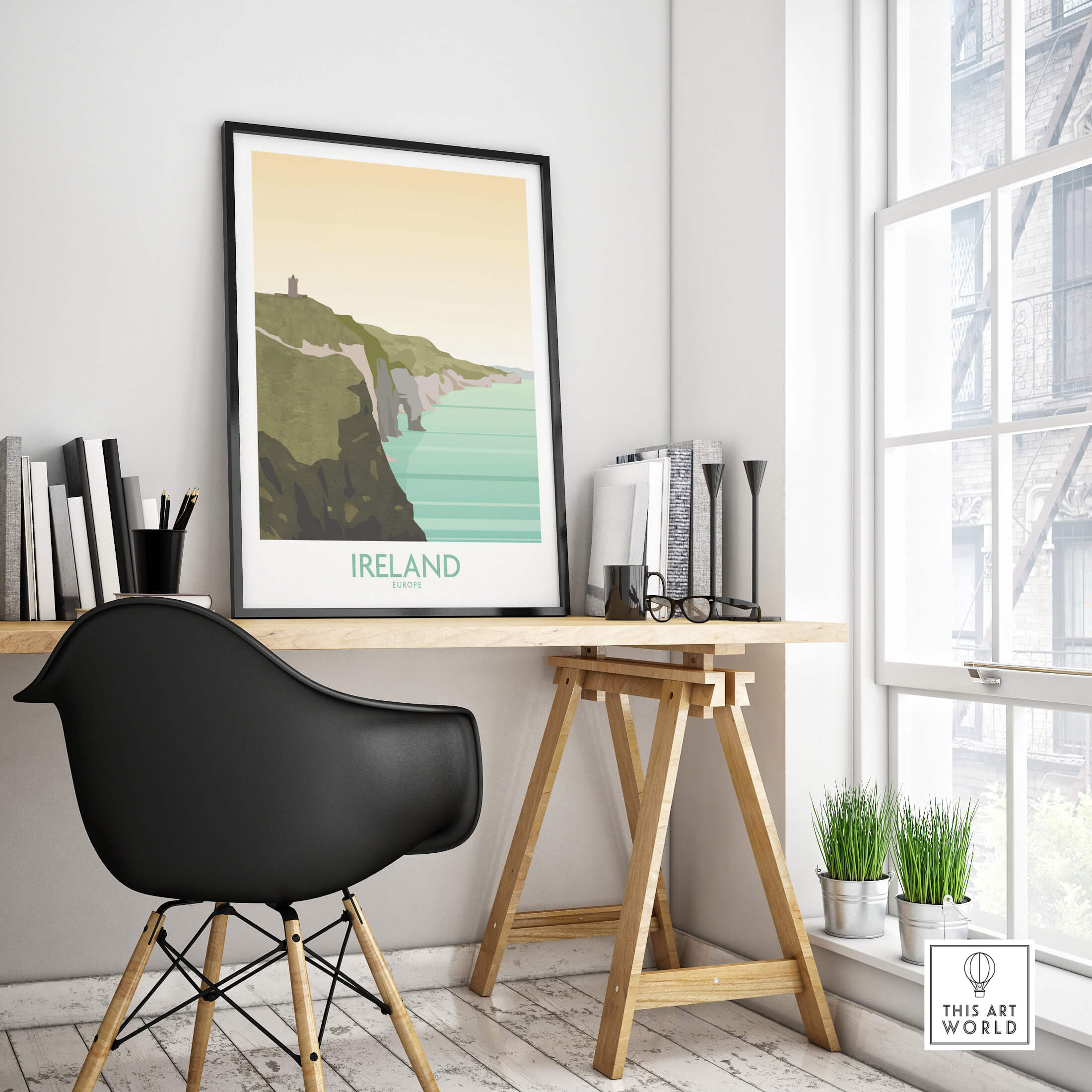 Ireland Print Travel Poster displayed in a modern home office setting featuring Cliffs of Moher scenery.