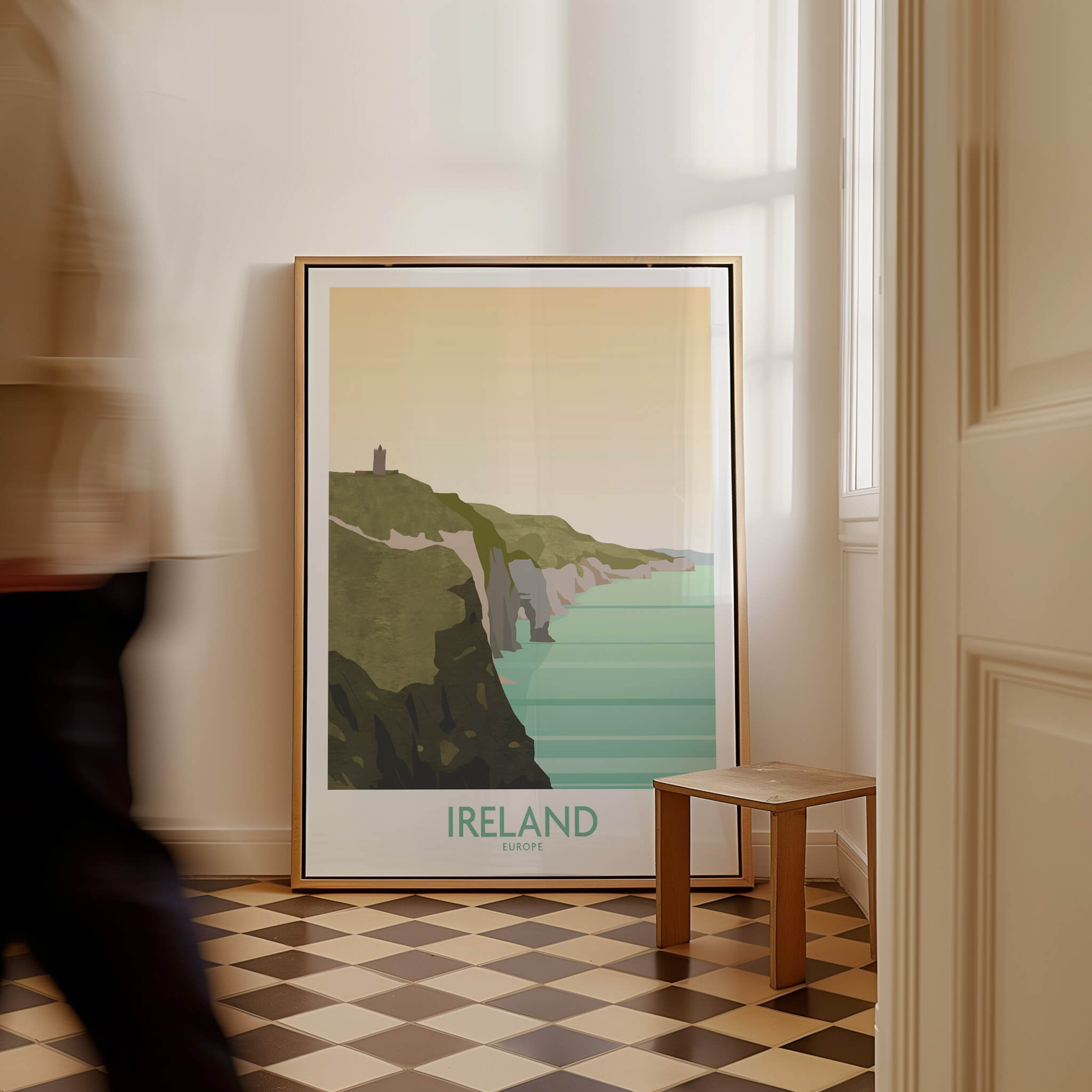 Ireland Print Travel Poster featuring the Cliffs of Moher in a stylish interior setting.