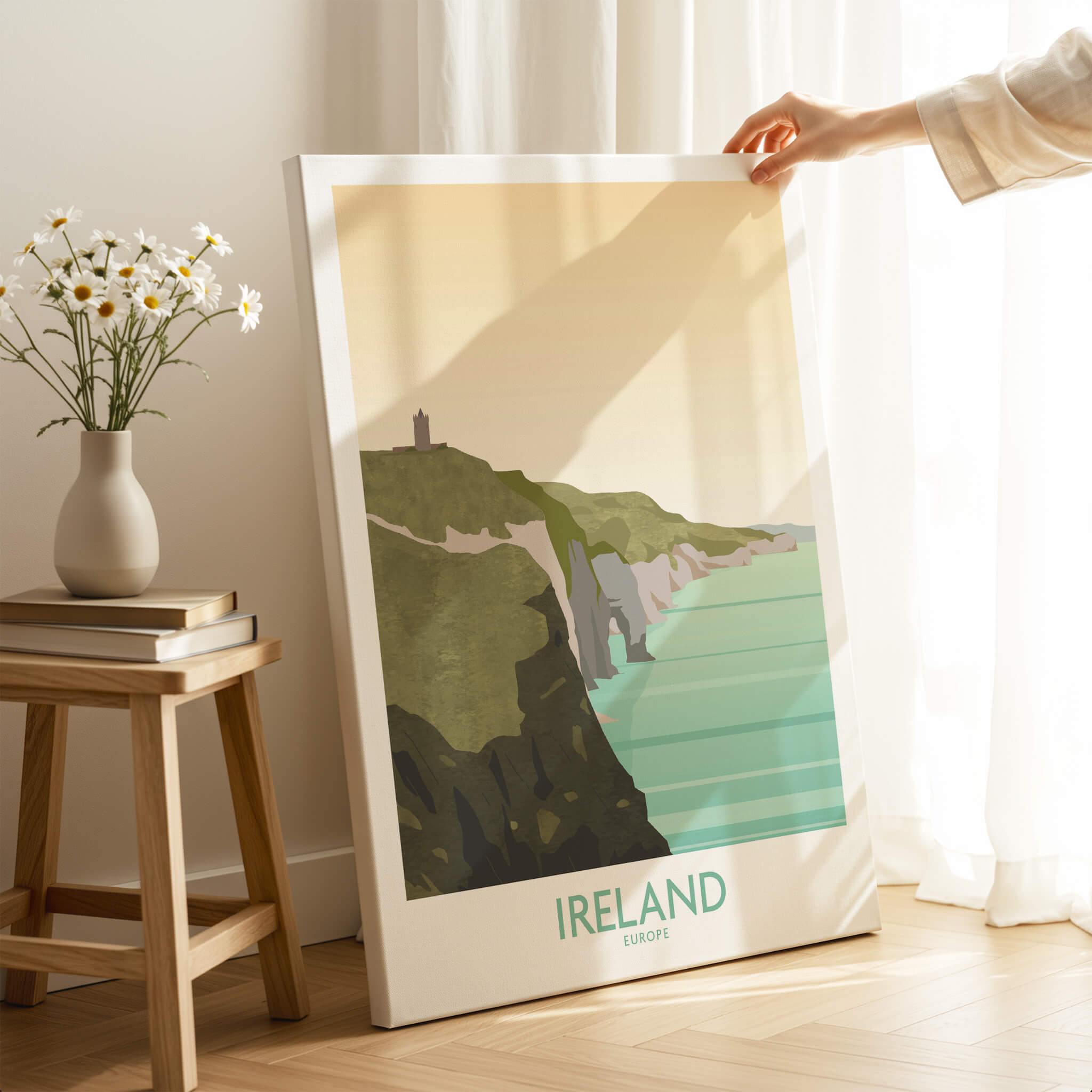 Ireland Print Travel Poster featuring the Cliffs of Moher, perfect for travel lovers and wall art enthusiasts.