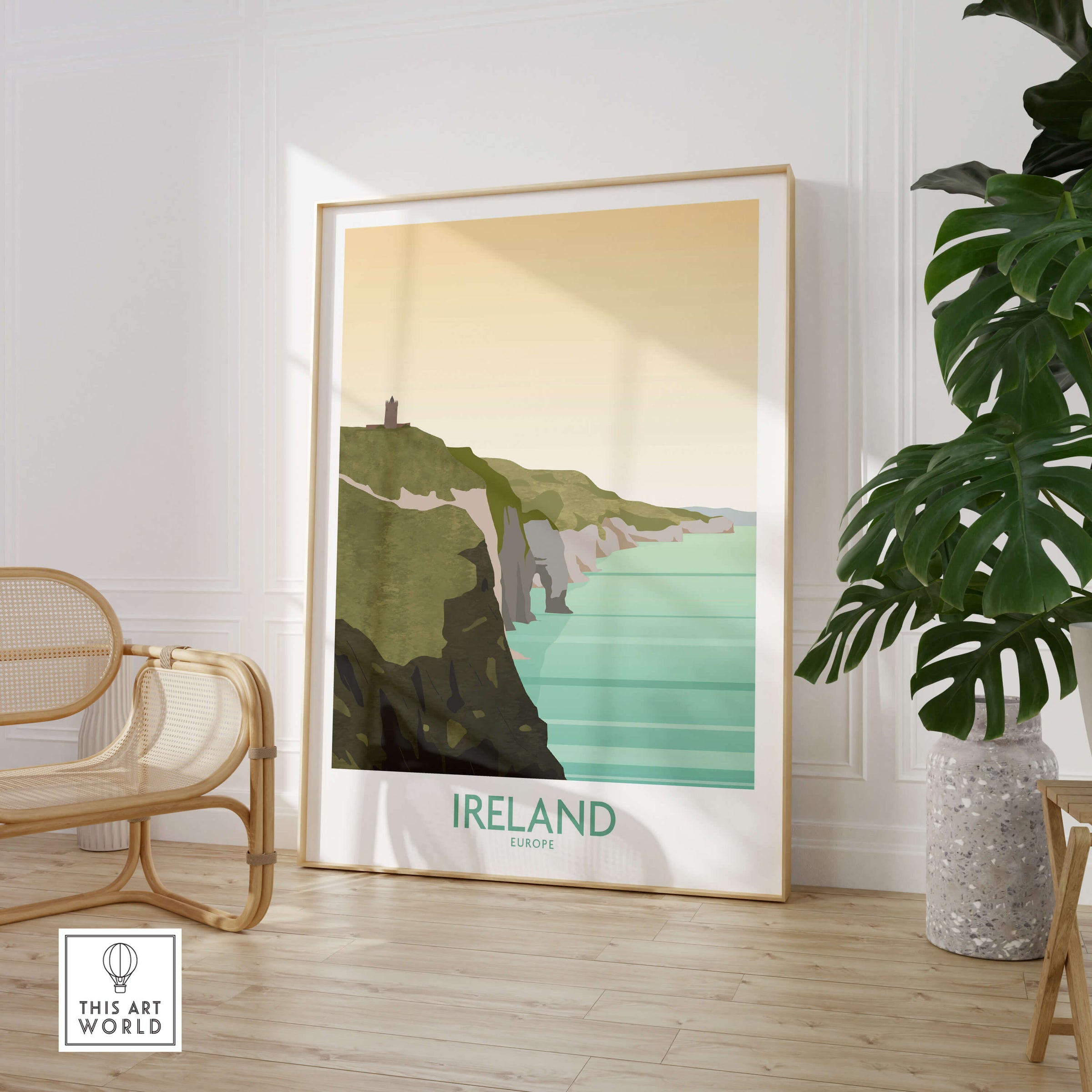 Ireland Print Travel Poster showcasing the Cliffs of Moher with scenic coastal views and artistic design.