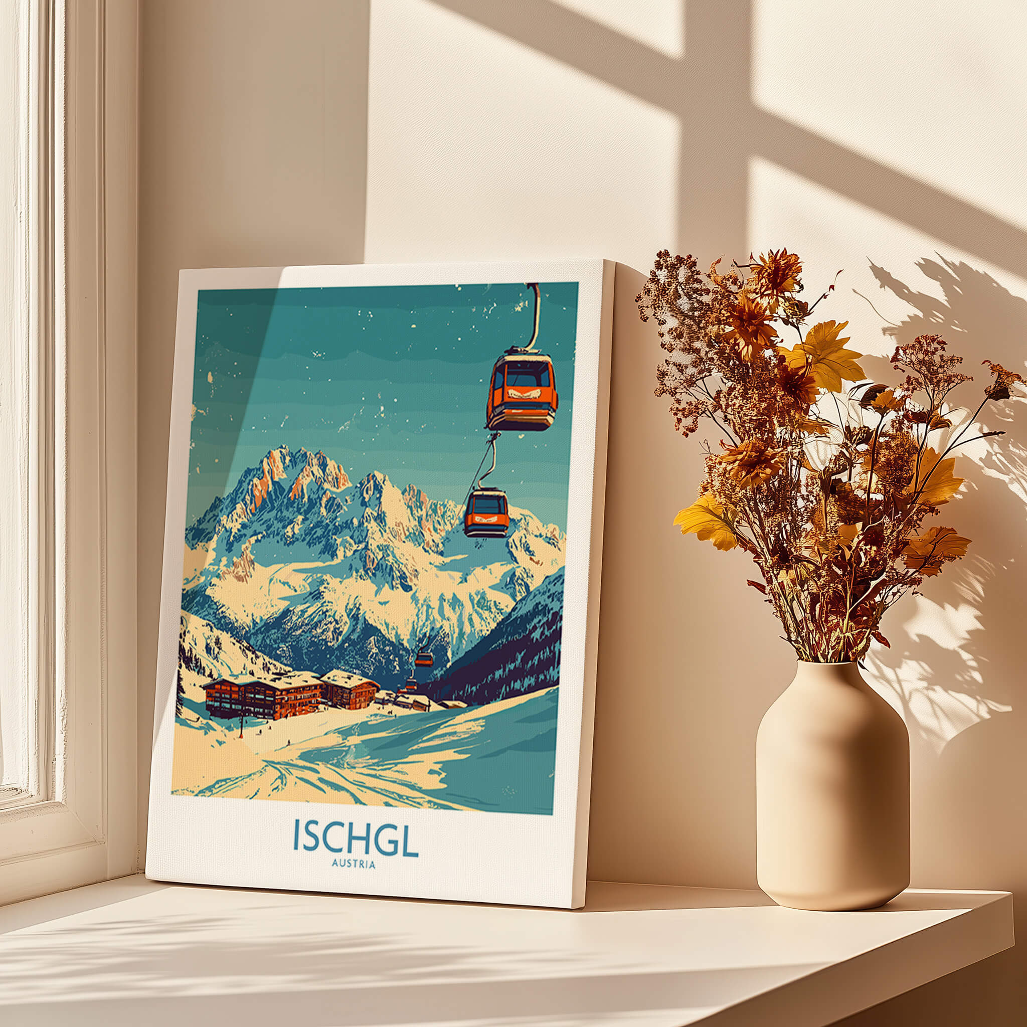 Ischgl Ski Poster featuring a scenic mountain view with ski lifts and flowers in a vase beside it.