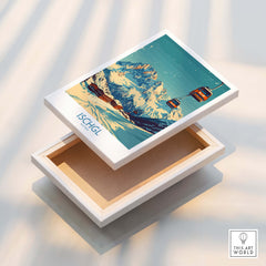 Ischgl Ski Poster design featuring a scenic ski lift over snowy mountains in a decorative box.