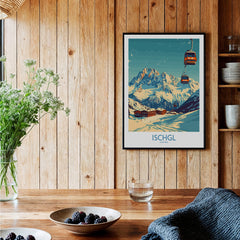 Ischgl Ski Poster with stunning mountain design displayed in a cozy wooden interior, perfect for winter sports enthusiasts.