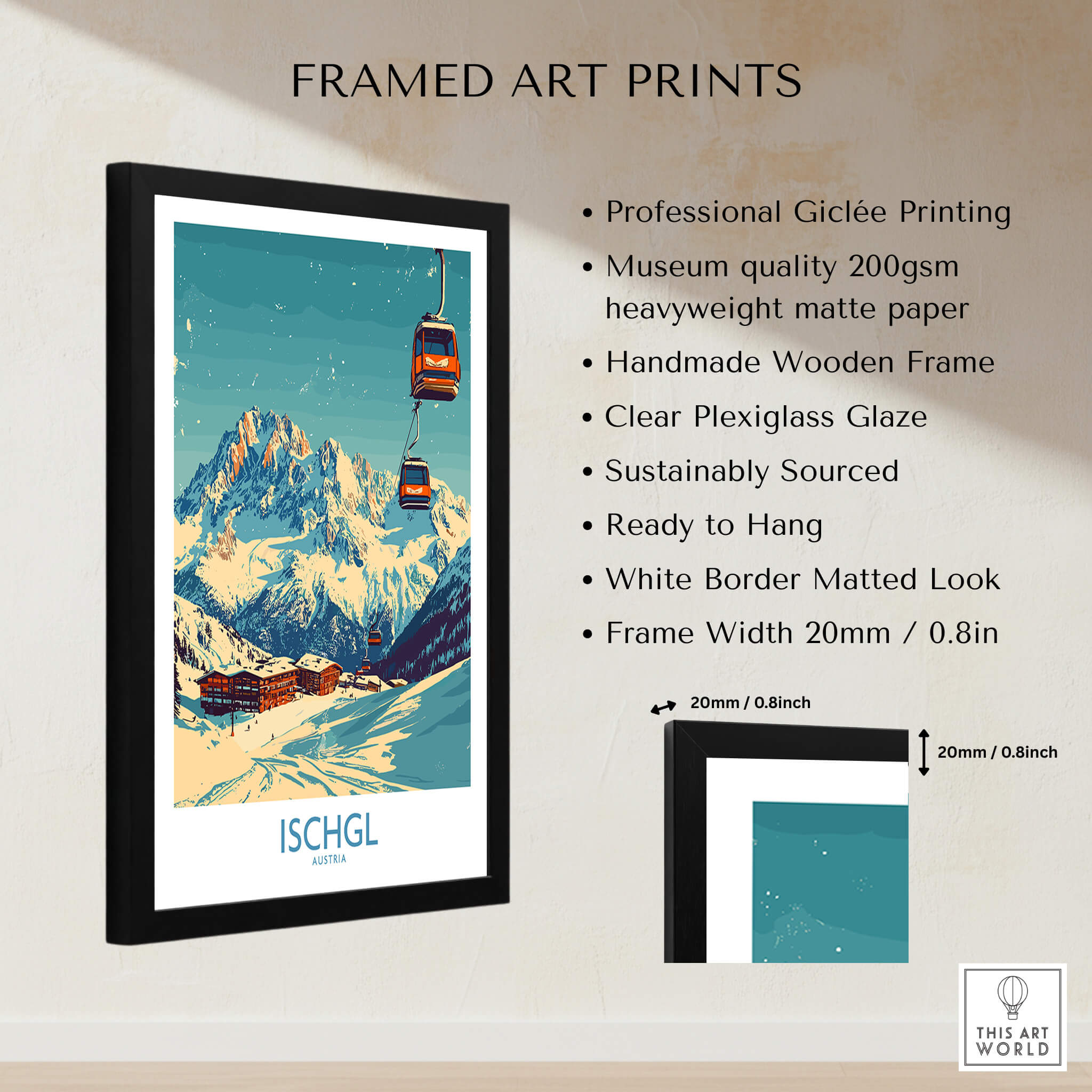 Ischgl Ski Poster framed art print showcasing a stunning ski resort design with a wooden frame and professional giclée printing.