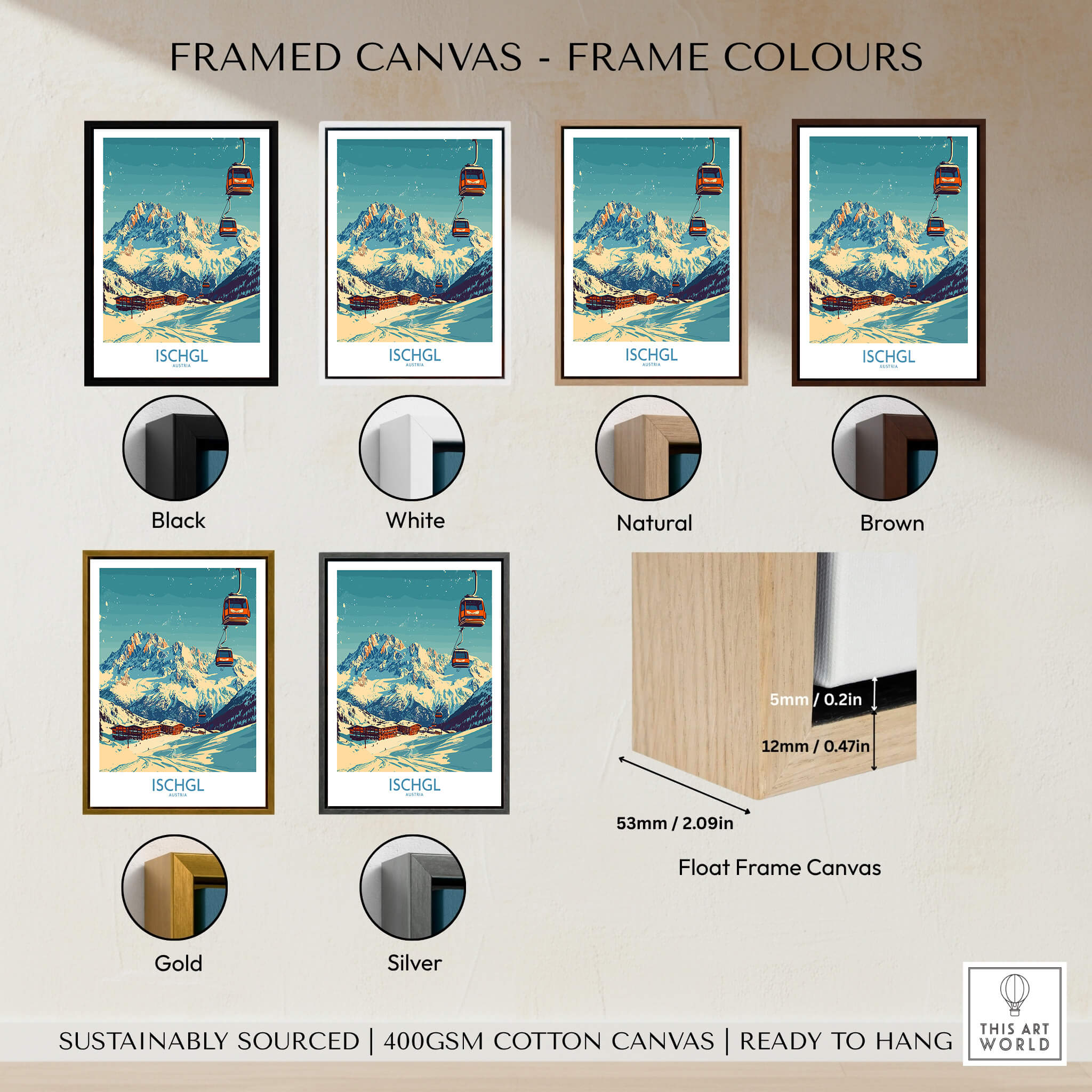 Ischgl Ski Poster framed in various colors: black, white, natural, brown, gold, and silver for stylish decor.