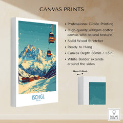 Ischgl Ski Poster displayed on canvas print with professional Giclée printing and solid wood stretcher.