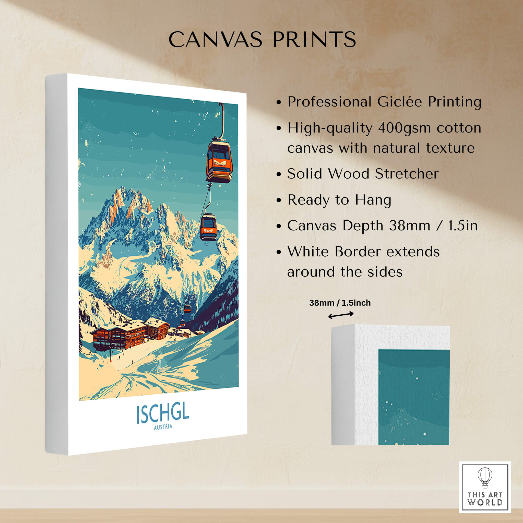 Ischgl Ski Poster displayed on canvas print with professional Giclée printing and solid wood stretcher.