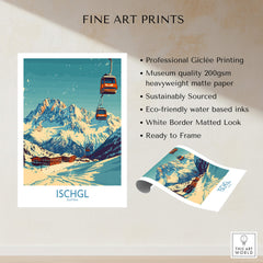 Ischgl Ski Poster featuring a picturesque ski scene with gondolas in the snow-capped mountains of Ischgl, Austria.