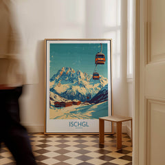 Ischgl Ski Poster featuring a stunning ski resort design with gondolas and mountains in a stylish interior setting.