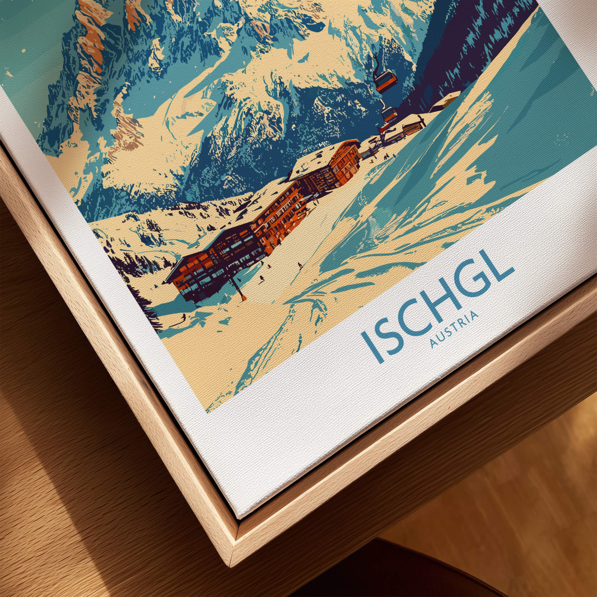 Ischgl Ski Poster showcasing a vibrant ski scene in Ischgl, Austria, perfect for winter sports enthusiasts.