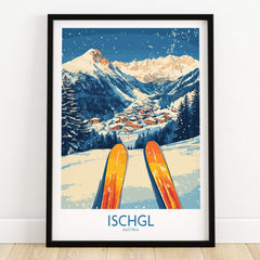 Ischgl Ski Wall Art Poster featuring vibrant skis and stunning mountain landscape in Austria.