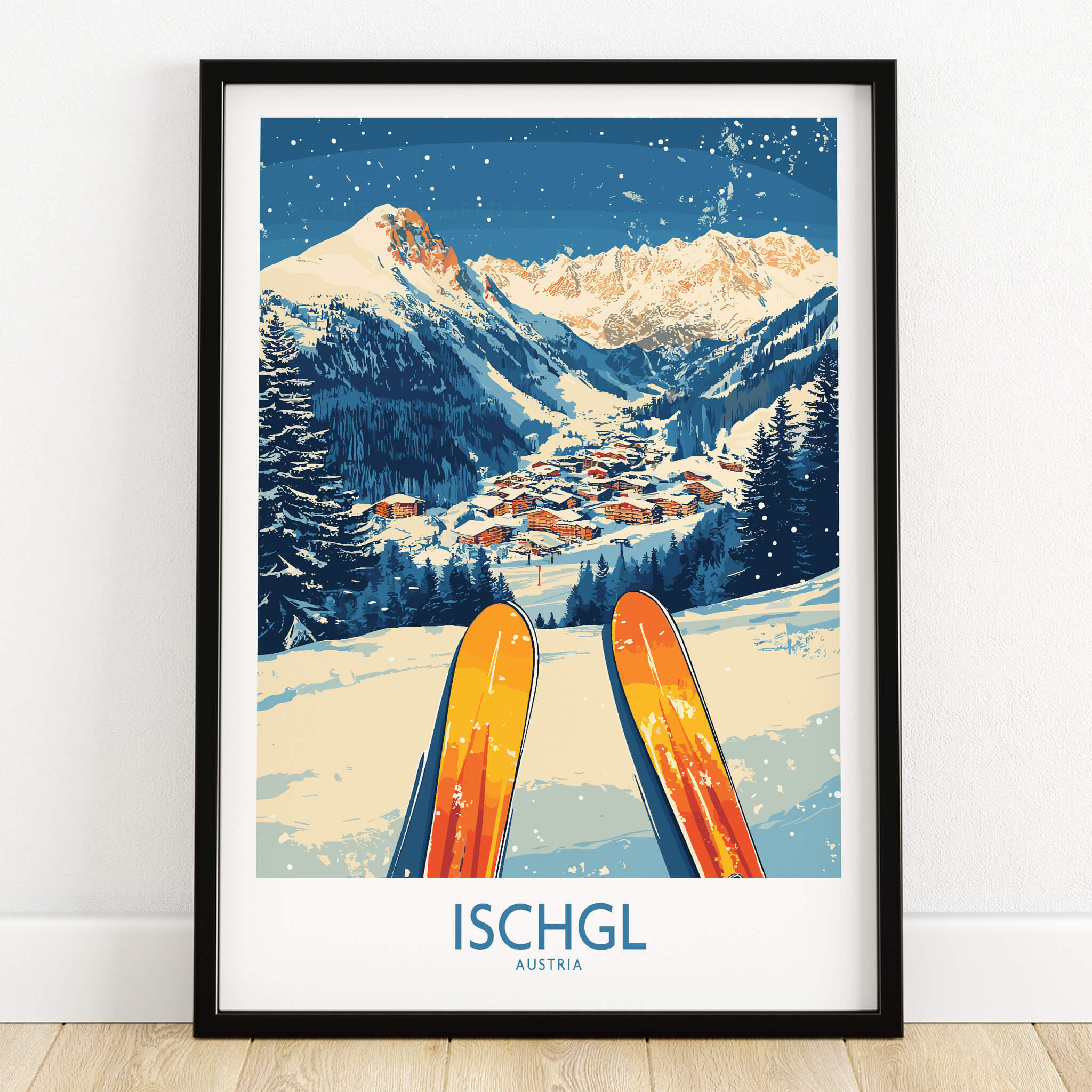Ischgl Ski Wall Art Poster featuring vibrant skis and stunning mountain landscape in Austria.