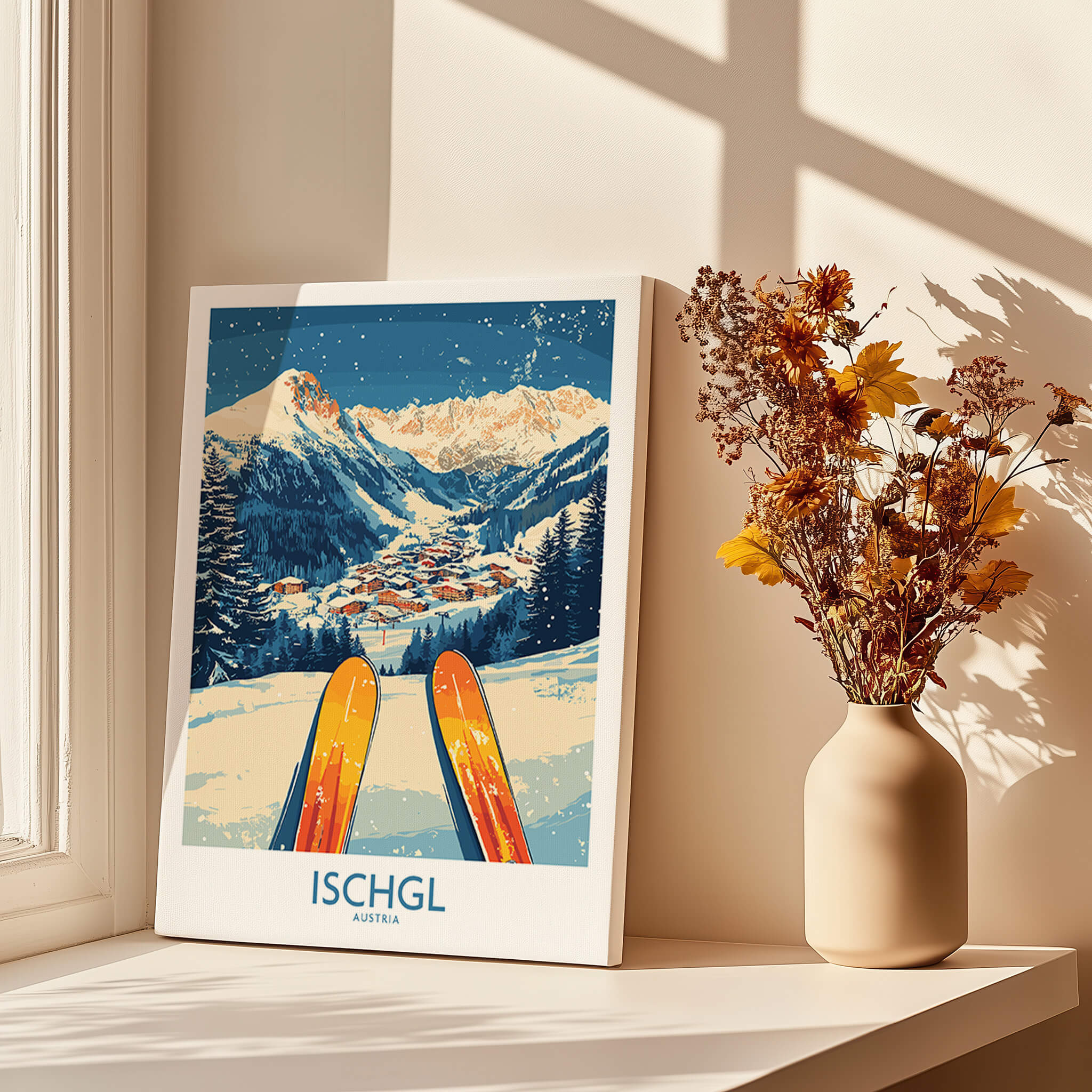 Ischgl Ski Wall Art Poster featuring a colorful ski scene and mountains in a cozy home setting.
