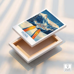Ischgl Ski Wall Art Poster featuring a stunning mountain scene and orange skis in a white box.