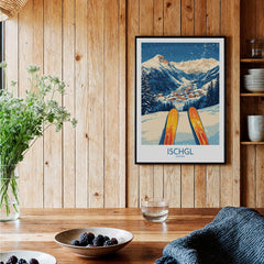 Ischgl Ski Wall Art Poster featuring vibrant skis against a snowy mountain backdrop in a cozy interior.