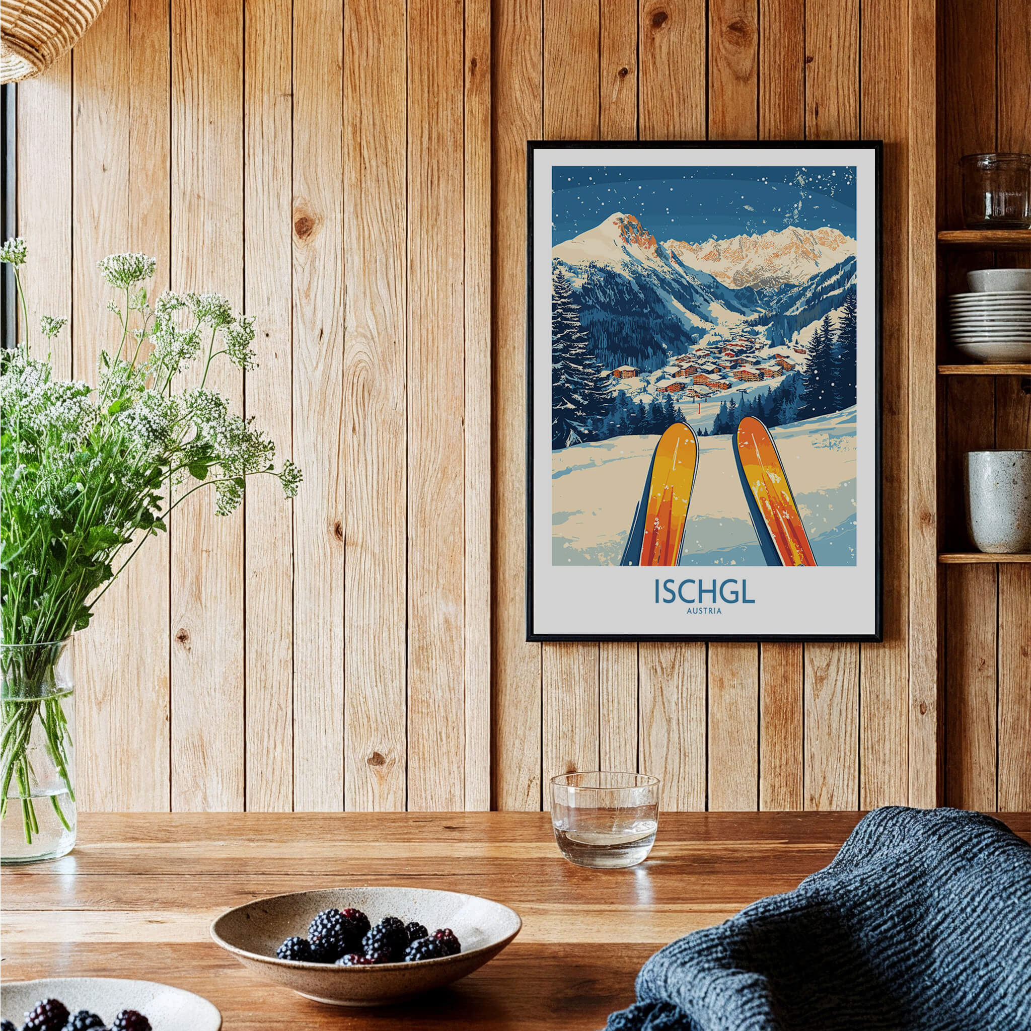 Ischgl Ski Wall Art Poster featuring vibrant skis against a snowy mountain backdrop in a cozy interior.