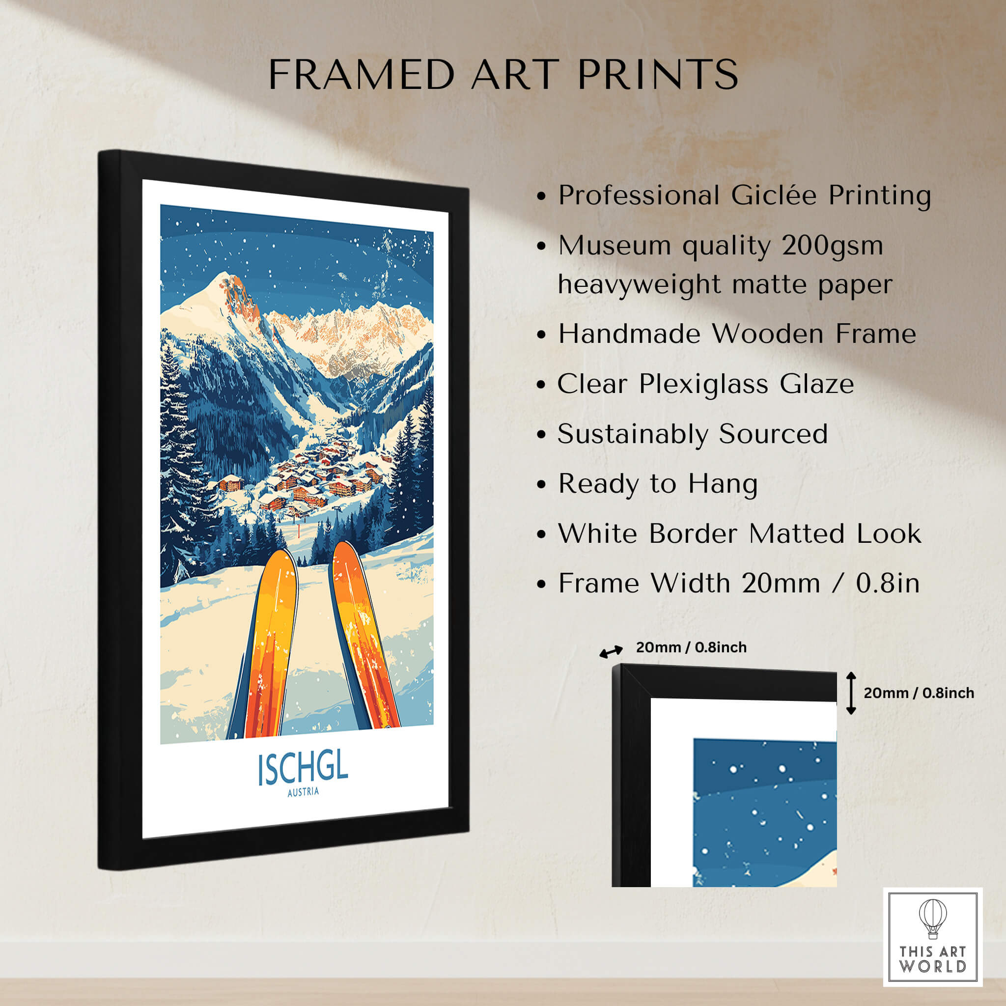 Ischgl Ski Wall Art Poster featuring framed art prints with climbers on snowy mountains.