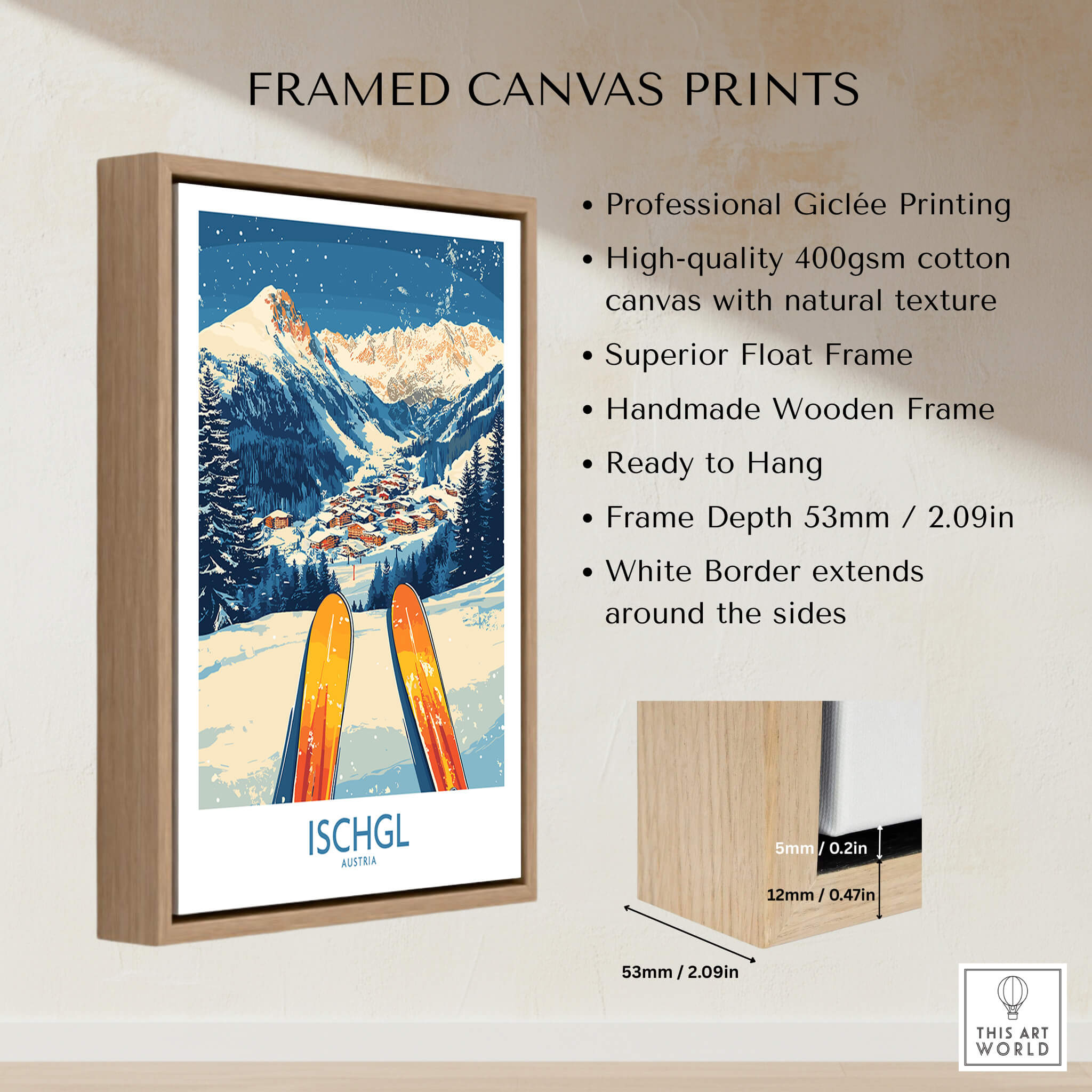 Ischgl Ski Wall Art Poster showcasing a stunning winter scene with skis and snow-covered mountains.