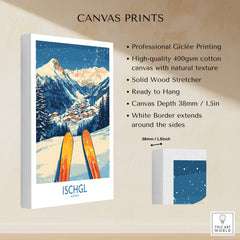 Ischgl Ski Wall Art Poster featuring skis in snowy mountains with professional Giclée printing.