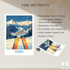 Ischgl Ski Wall Art Poster showcasing vibrant skiing scene and stunning mountain range in Ischgl, perfect for ski enthusiasts.