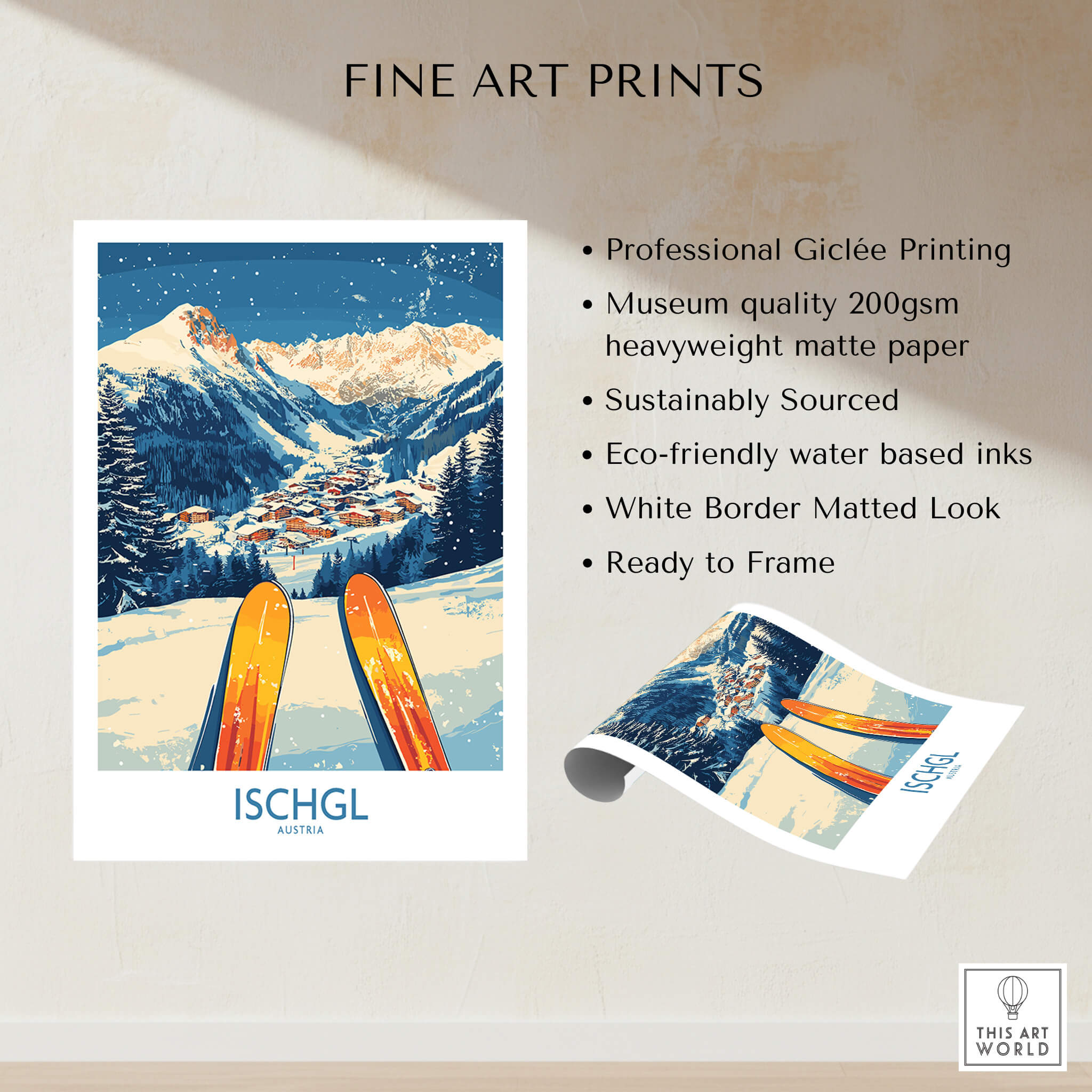 Ischgl Ski Wall Art Poster showcasing vibrant skiing scene and stunning mountain range in Ischgl, perfect for ski enthusiasts.