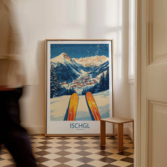 Ischgl Ski Wall Art Poster featuring beautiful mountains and ski equipment, perfect for skiing enthusiasts.