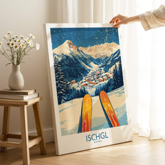 Ischgl Ski Wall Art Poster showcasing a beautiful mountain landscape and skiing scene in Ischgl, Austria.