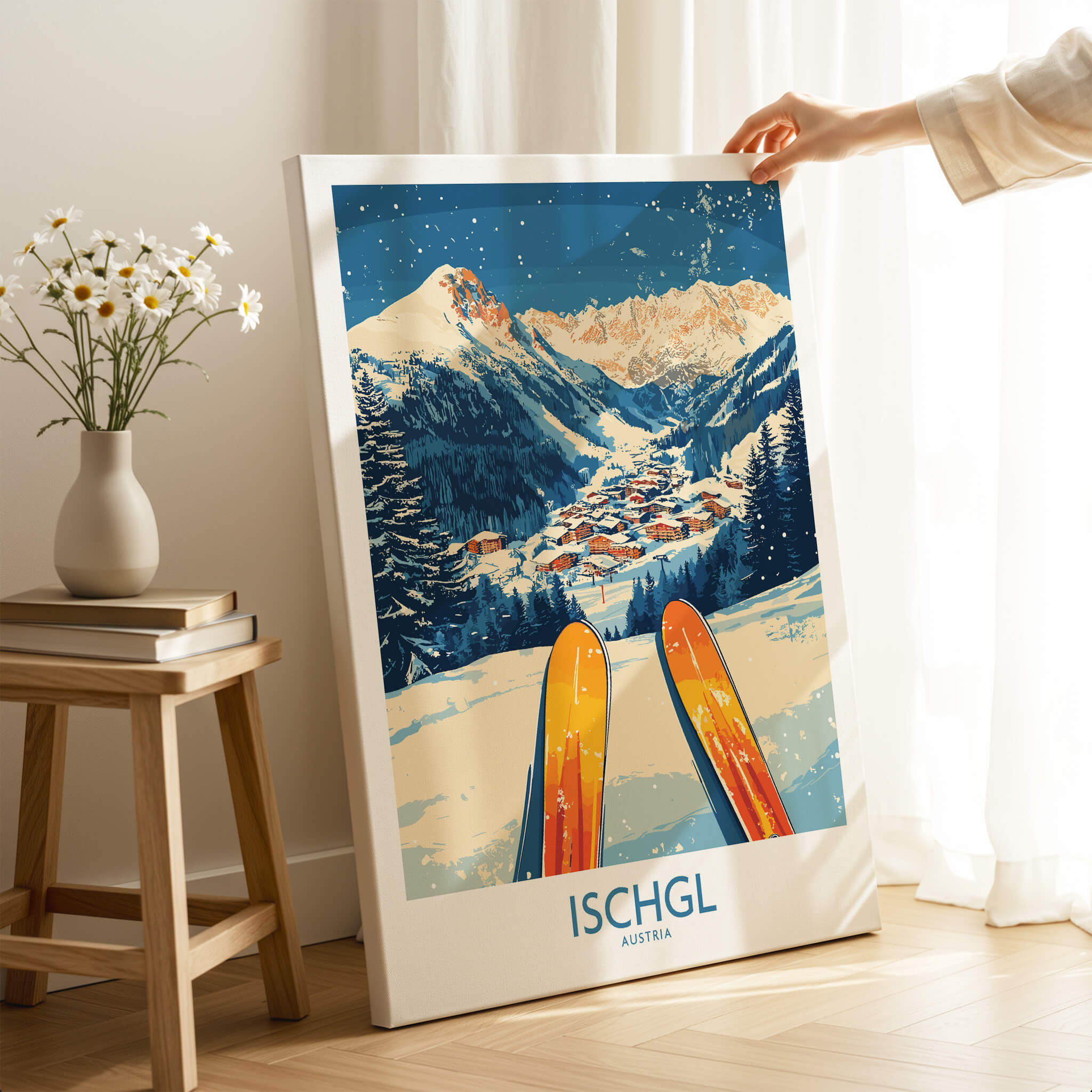 Ischgl Ski Wall Art Poster showcasing a beautiful mountain landscape and skiing scene in Ischgl, Austria.
