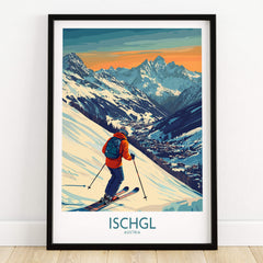Ski Poster Ischgl Austria showcasing a skier on a snowy slope with mountain backdrop and vibrant colors.