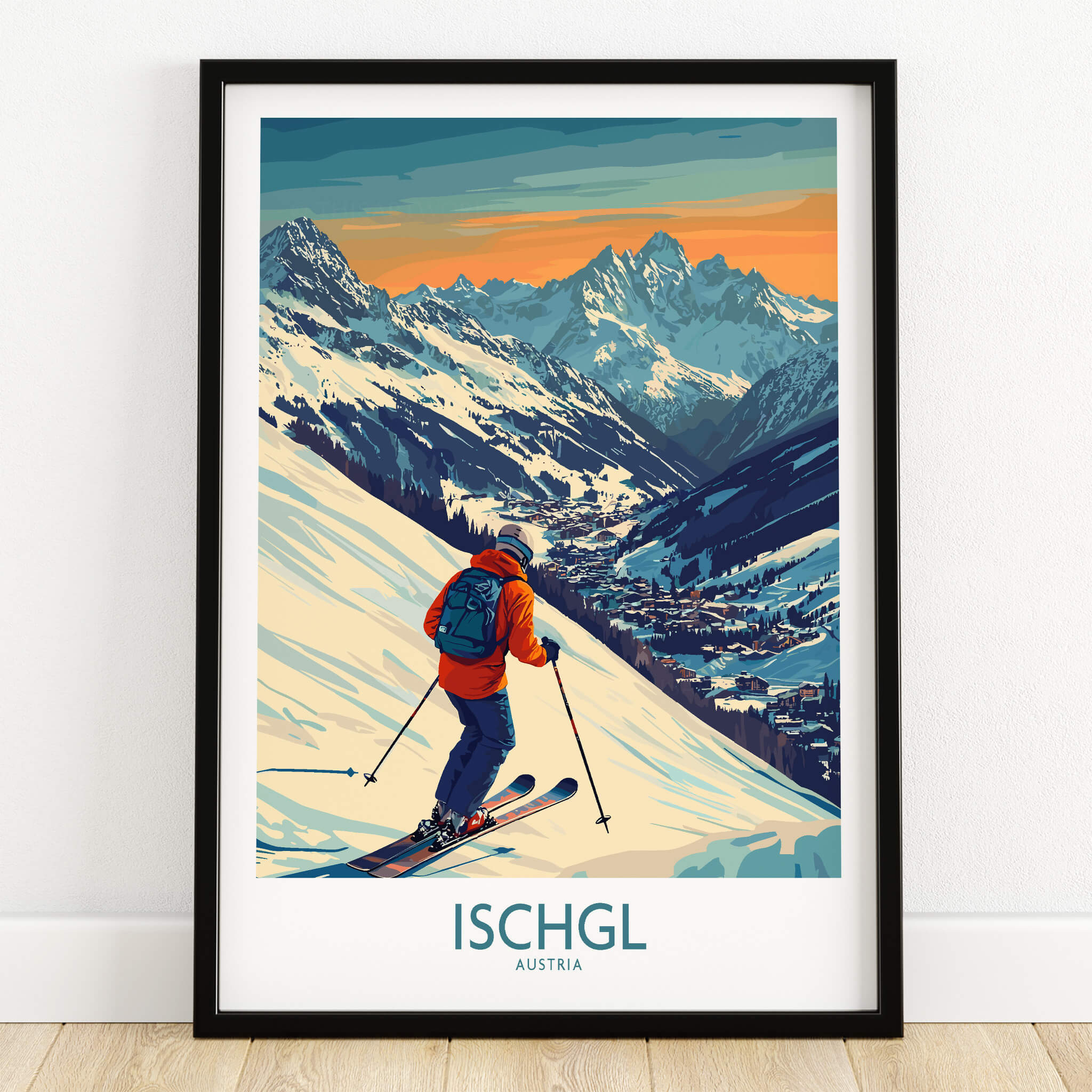 Ski Poster Ischgl Austria showcasing a skier on a snowy slope with mountain backdrop and vibrant colors.