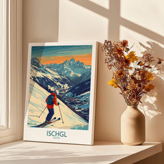 Ski Poster Ischgl Austria showcasing a skier on vibrant slopes and beautiful mountain scenery.