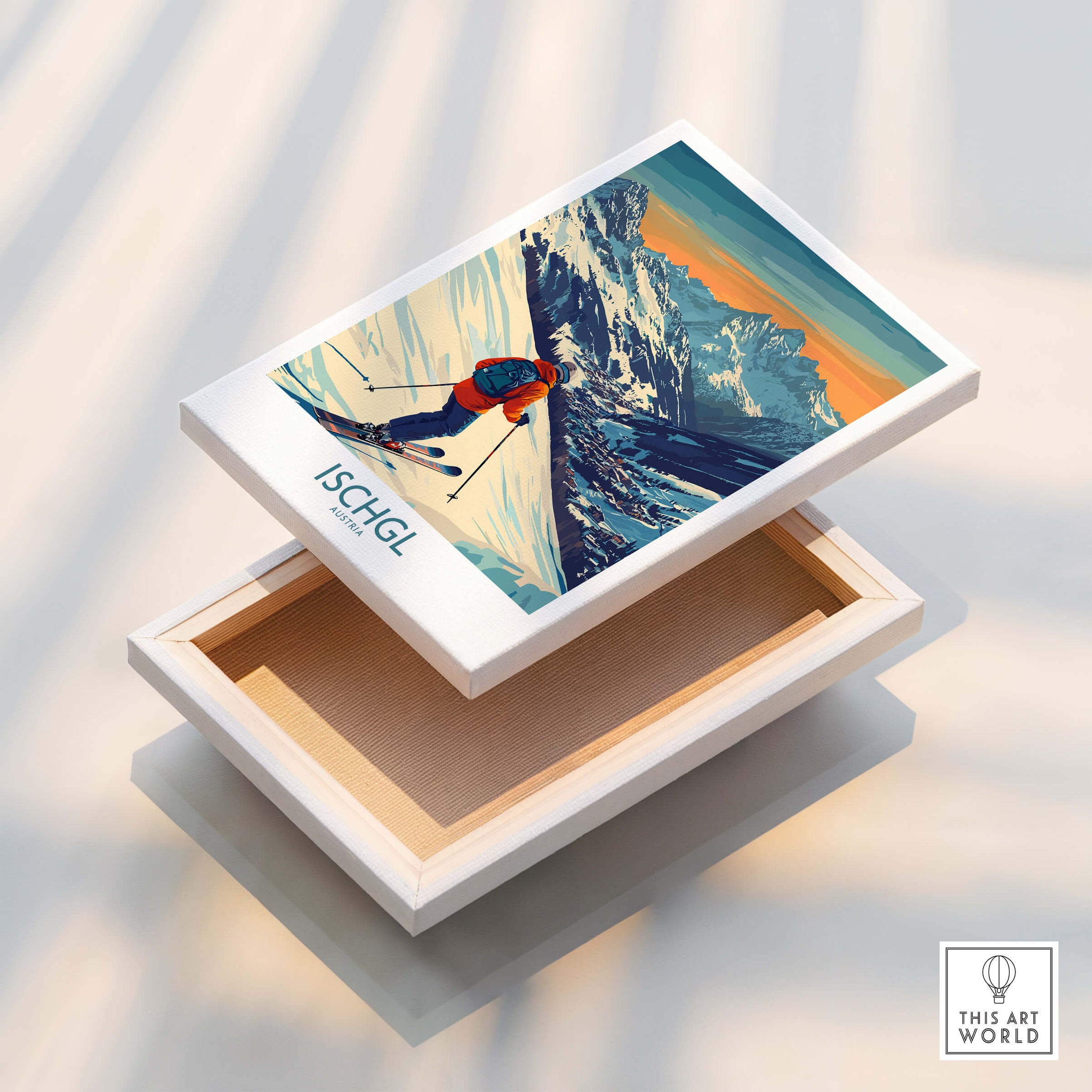Ski Poster Ischgl Austria displayed on a wooden box, showcasing vibrant ski imagery and scenic mountain views.