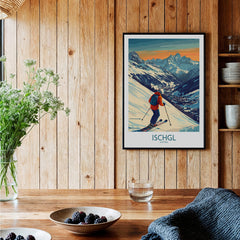 Ski Poster Ischgl Austria displayed prominently in a cozy interior with wooden decor and fresh flowers.