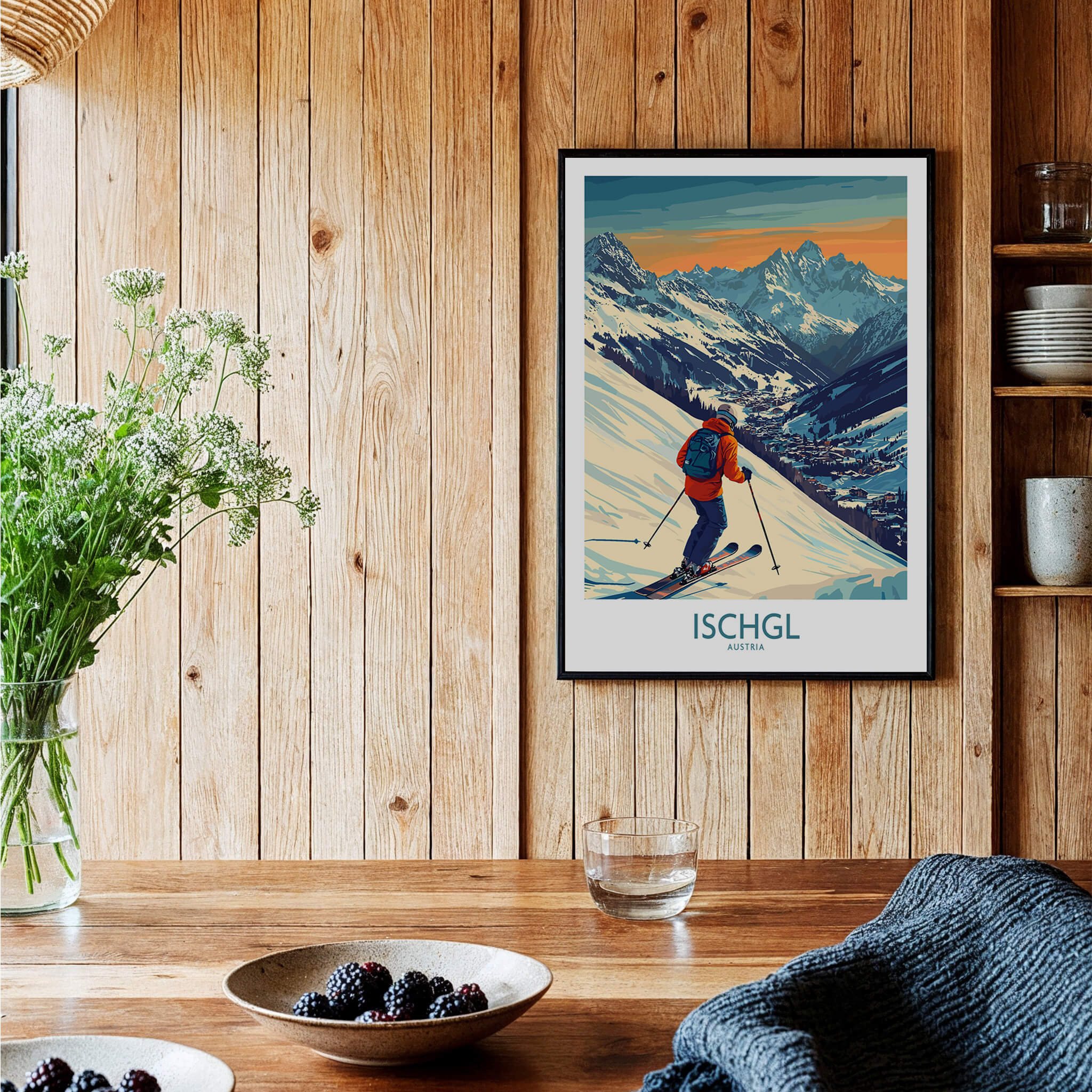 Ski Poster Ischgl Austria displayed prominently in a cozy interior with wooden decor and fresh flowers.