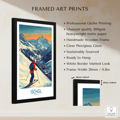 Ski Poster Ischgl Austria framed art print showcasing skier with mountains in background.