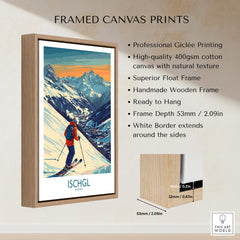 Ski Poster Ischgl Austria showcasing a skier against vibrant mountain backdrop in a framed canvas print.