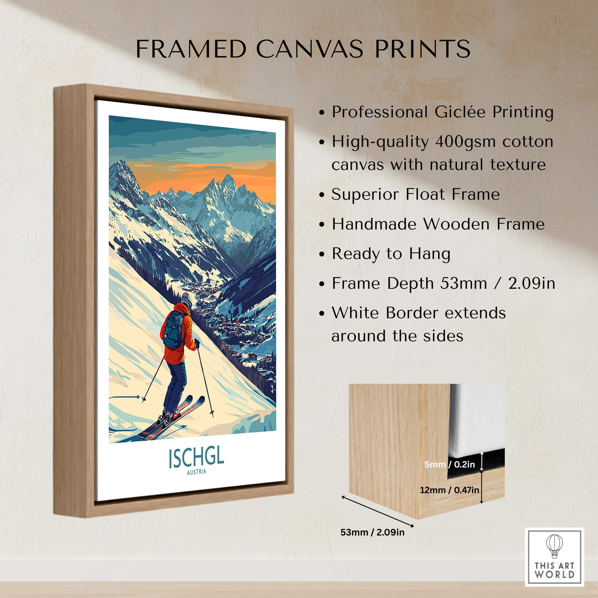 Ski Poster Ischgl Austria showcasing a skier against vibrant mountain backdrop in a framed canvas print.