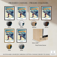 Framed canvas options for Ski Poster Ischgl Austria in four colors: Black, White, Natural, Brown, Gold and Silver, with dimensions.