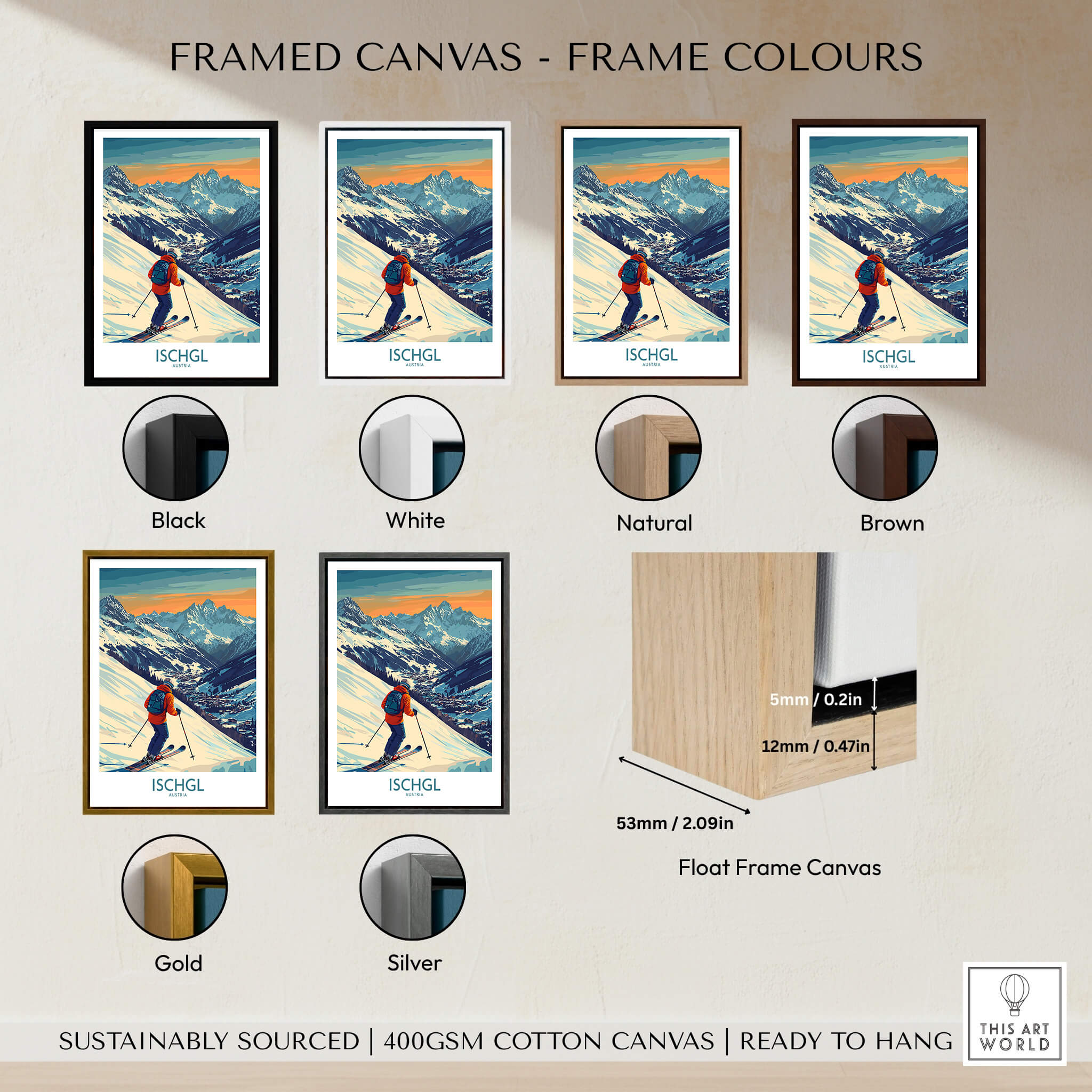 Framed canvas options for Ski Poster Ischgl Austria in four colors: Black, White, Natural, Brown, Gold and Silver, with dimensions.